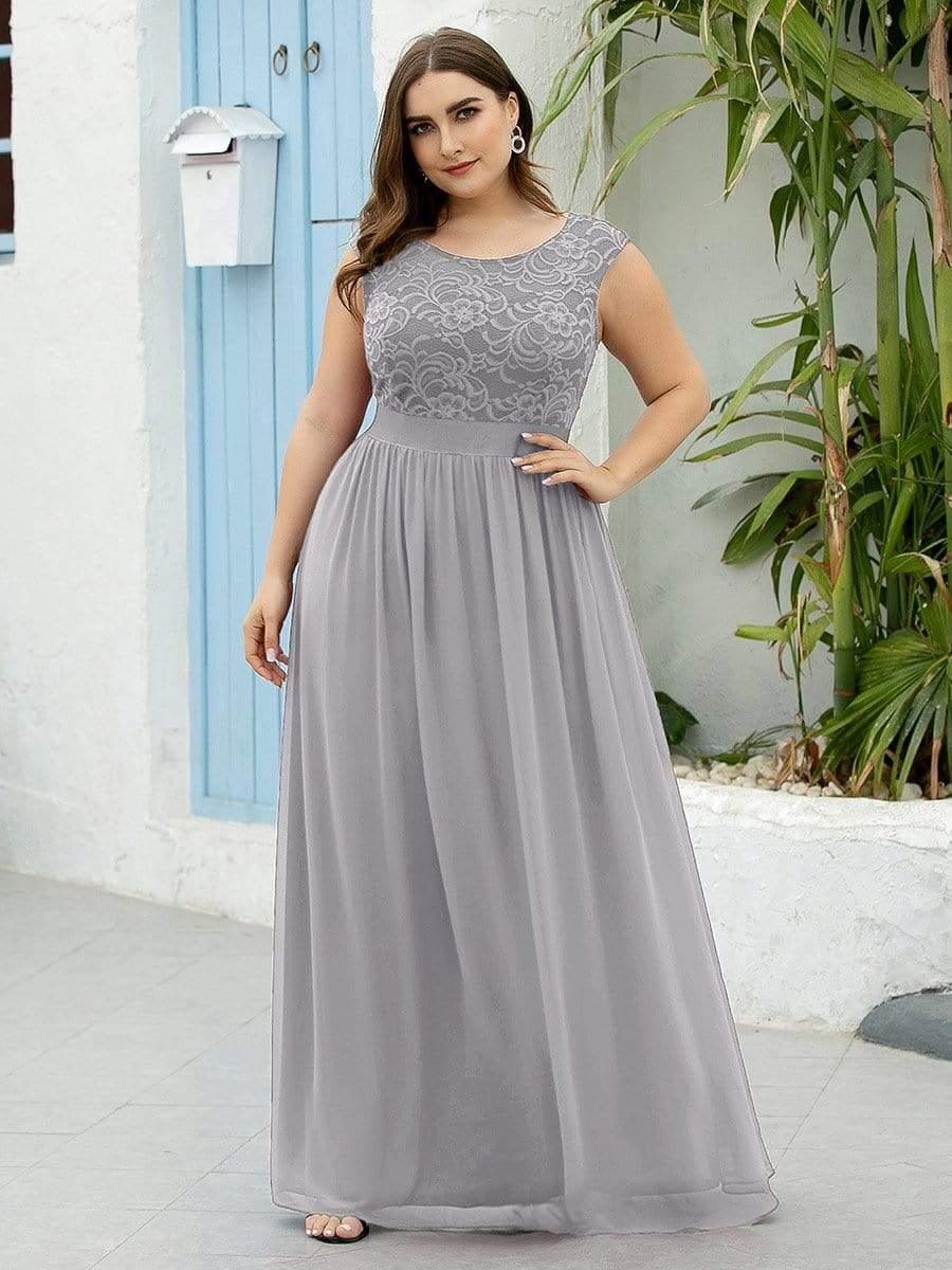Classic Round Neck V Back Lace Bodice Bridesmaid Dress #color_Grey 