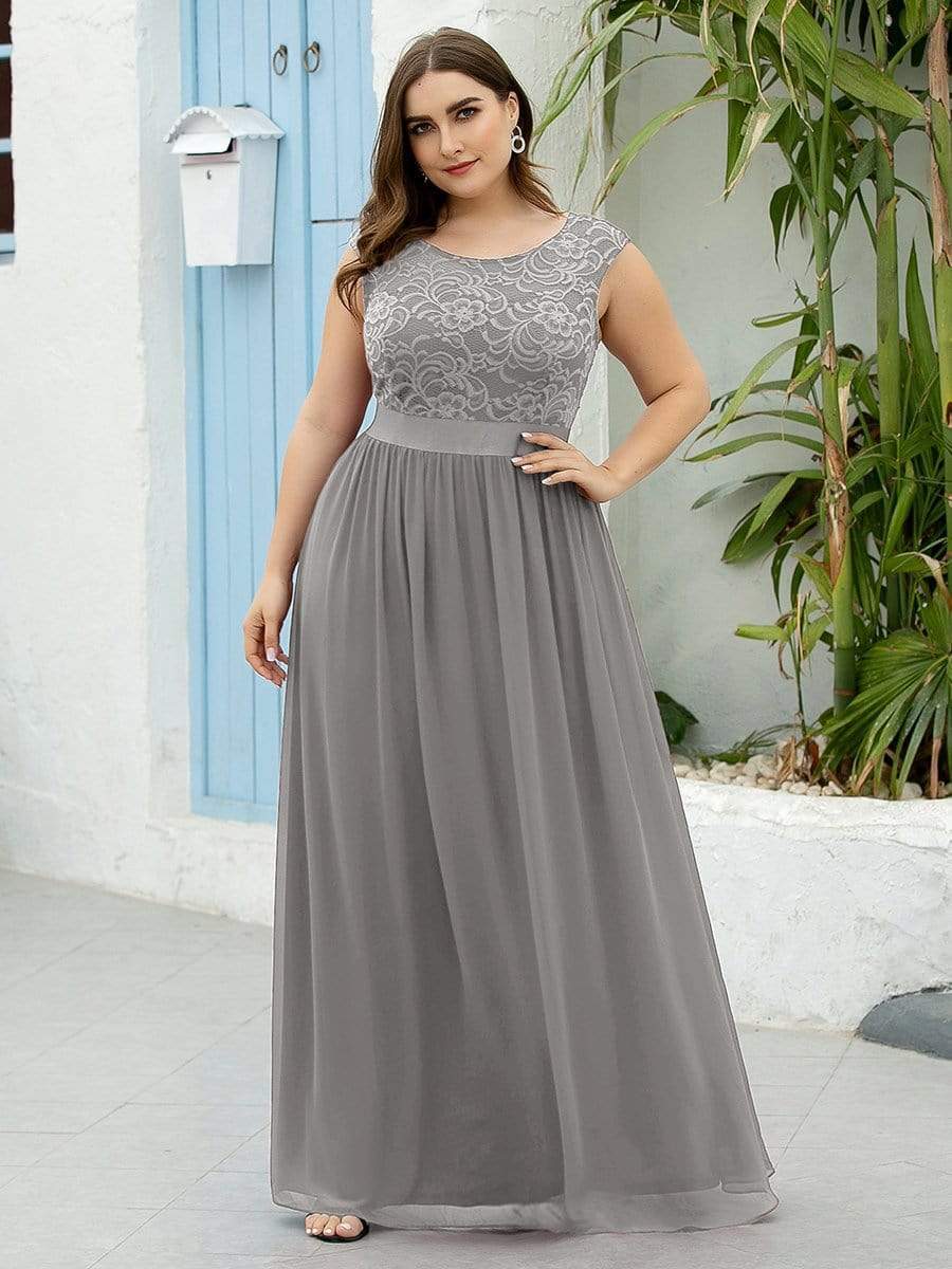 Plus Size Classic Round Neck V Back A-Line Chiffon Bridesmaid Dresses with Lace #color_Grey 