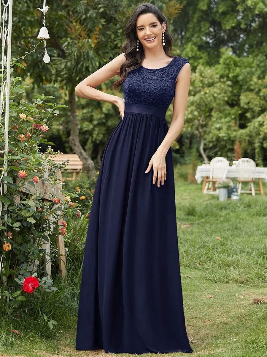 Classic Round Neck V Back Lace Bodice Bridesmaid Dress #color_Navy Blue 