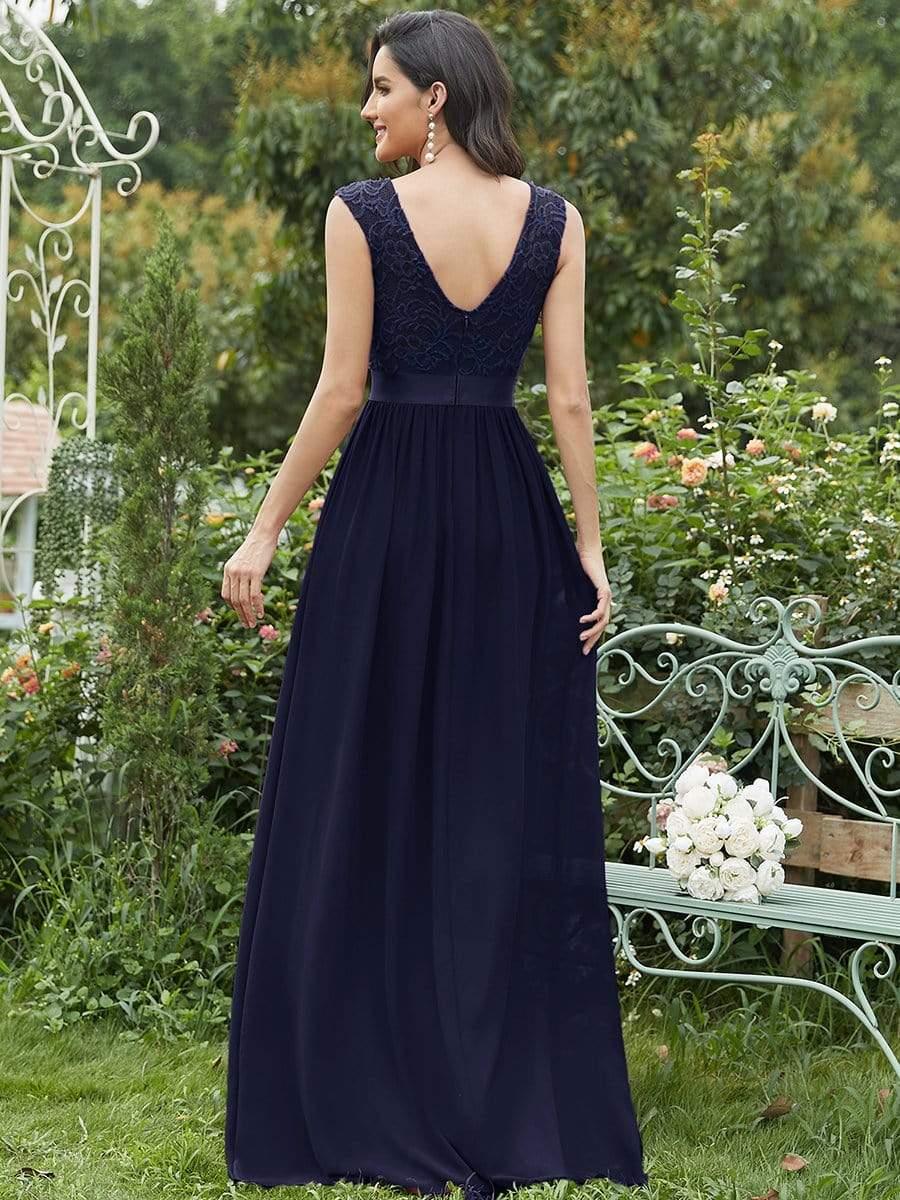 Classic Round Neck V Back Lace Bodice Bridesmaid Dress #color_Navy Blue 