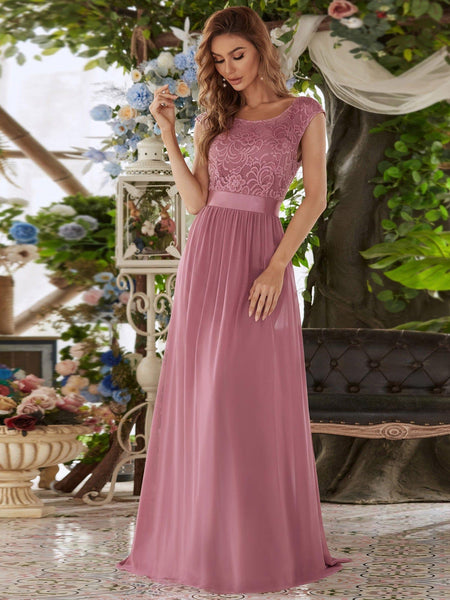 V Back A-Line Lace Bodice Bridesmaid Dress