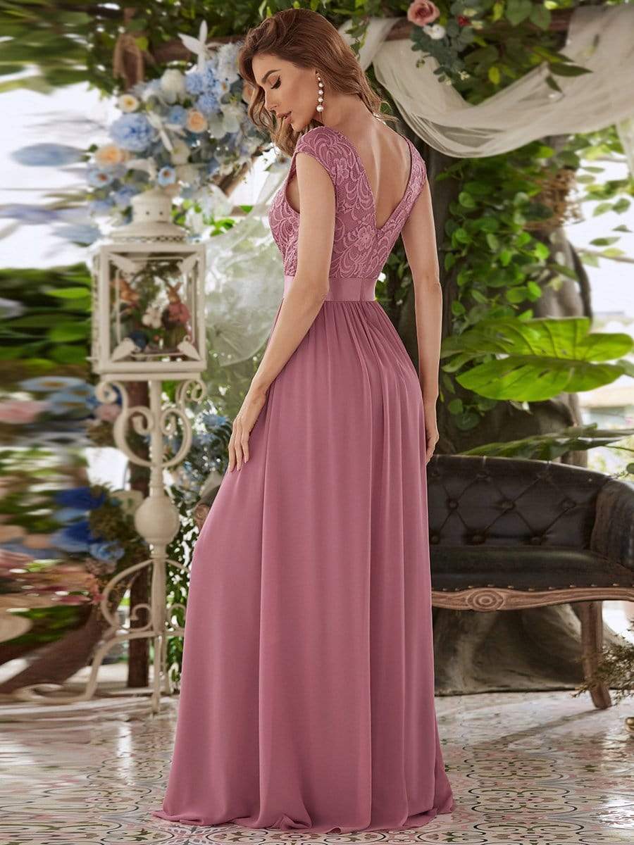 Classic Round Neck V Back Lace Bodice Bridesmaid Dress