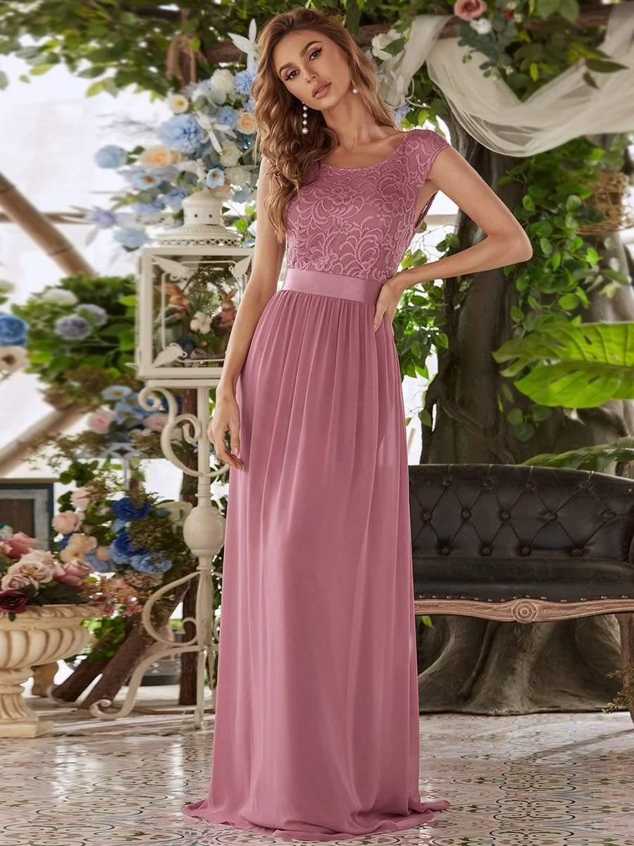 Classic Round Neck V Back Lace Bodice Bridesmaid Dress #color_Purple Orchid 