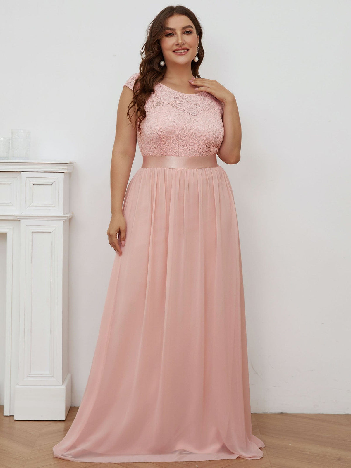 Custom Size Classic Round Neck V Back Lace Bodice Bridesmaid Dress #color_Pink