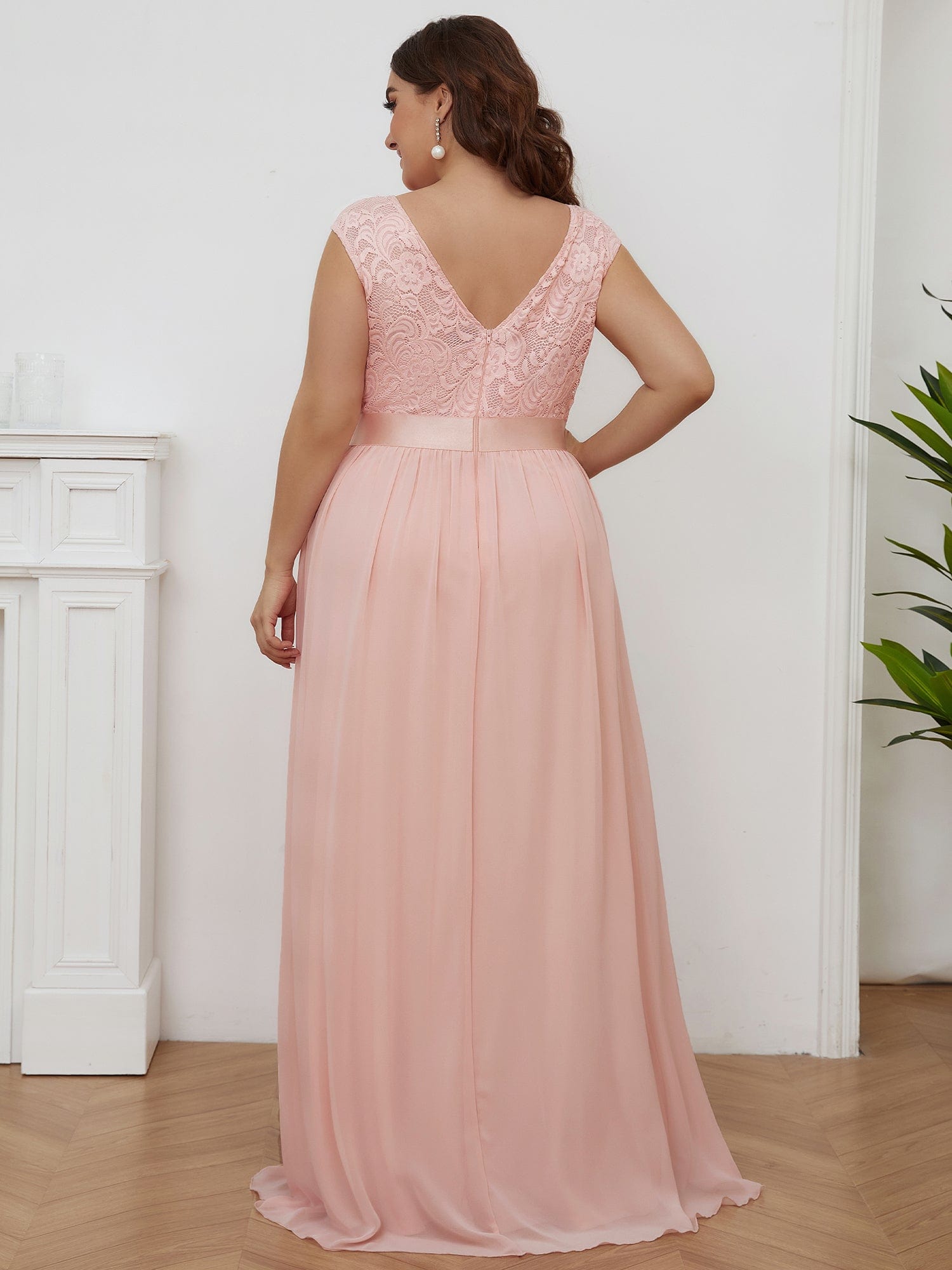 Custom Size Classic Round Neck V Back Lace Bodice Bridesmaid Dress #color_Pink