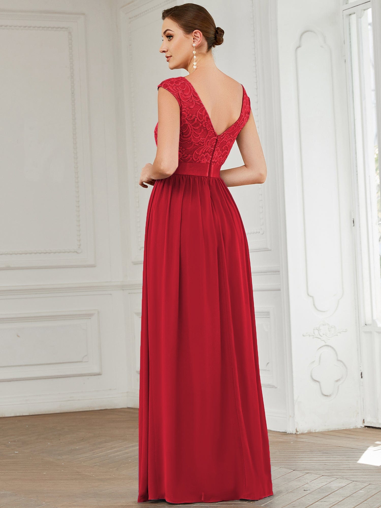 Custom Size Classic Round Neck V Back Lace Bodice Bridesmaid Dress #color_Red