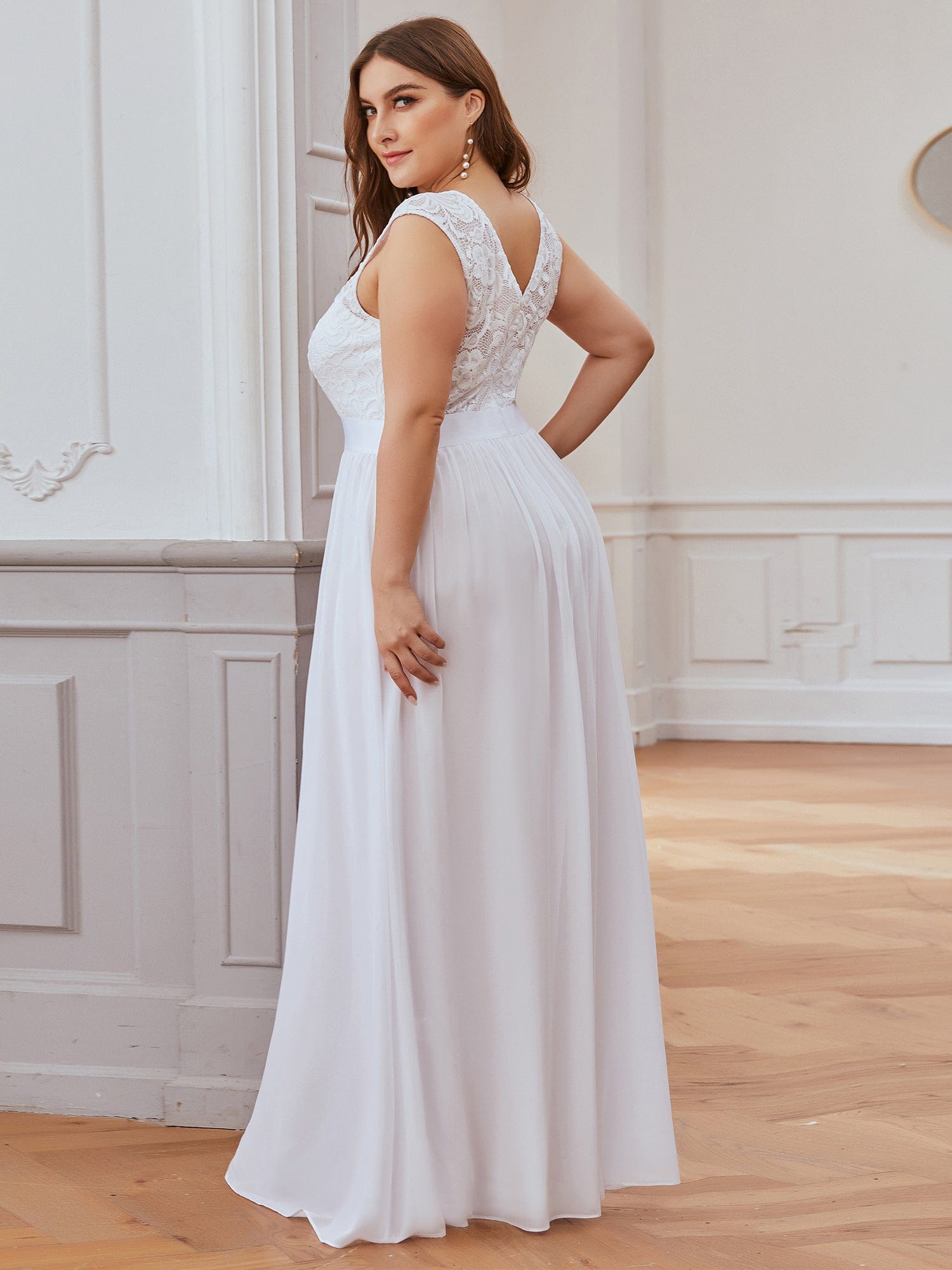 Custom Size Classic Round Neck V Back Lace Bodice Bridesmaid Dress #color_White