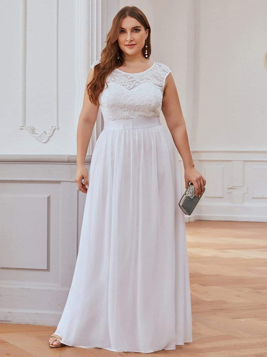 Plus Size Classic Round Neck V Back A-Line Chiffon Bridesmaid Dresses with Lace #color_White 