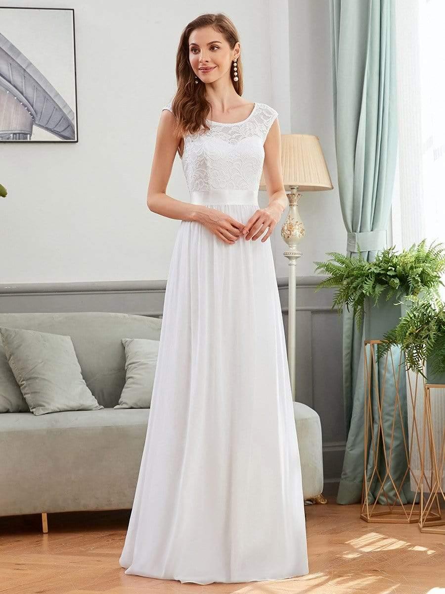 Classic Round Neck V Back Lace Bodice Bridesmaid Dress #color_White 