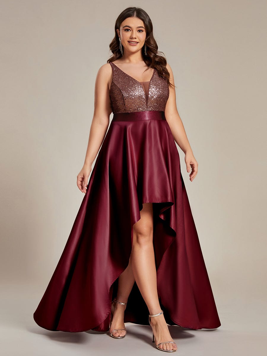 Custom Size Sparkly Bodice High Low Prom Dresses for Women #color_Burgundy