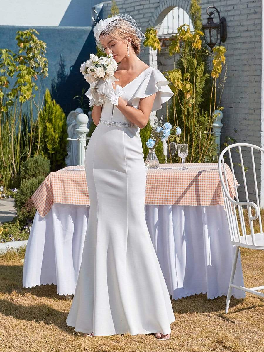 Color=Cream | Plain Maxi Fishtail Wedding Dress With Ruffle Sleeves-Cream 1