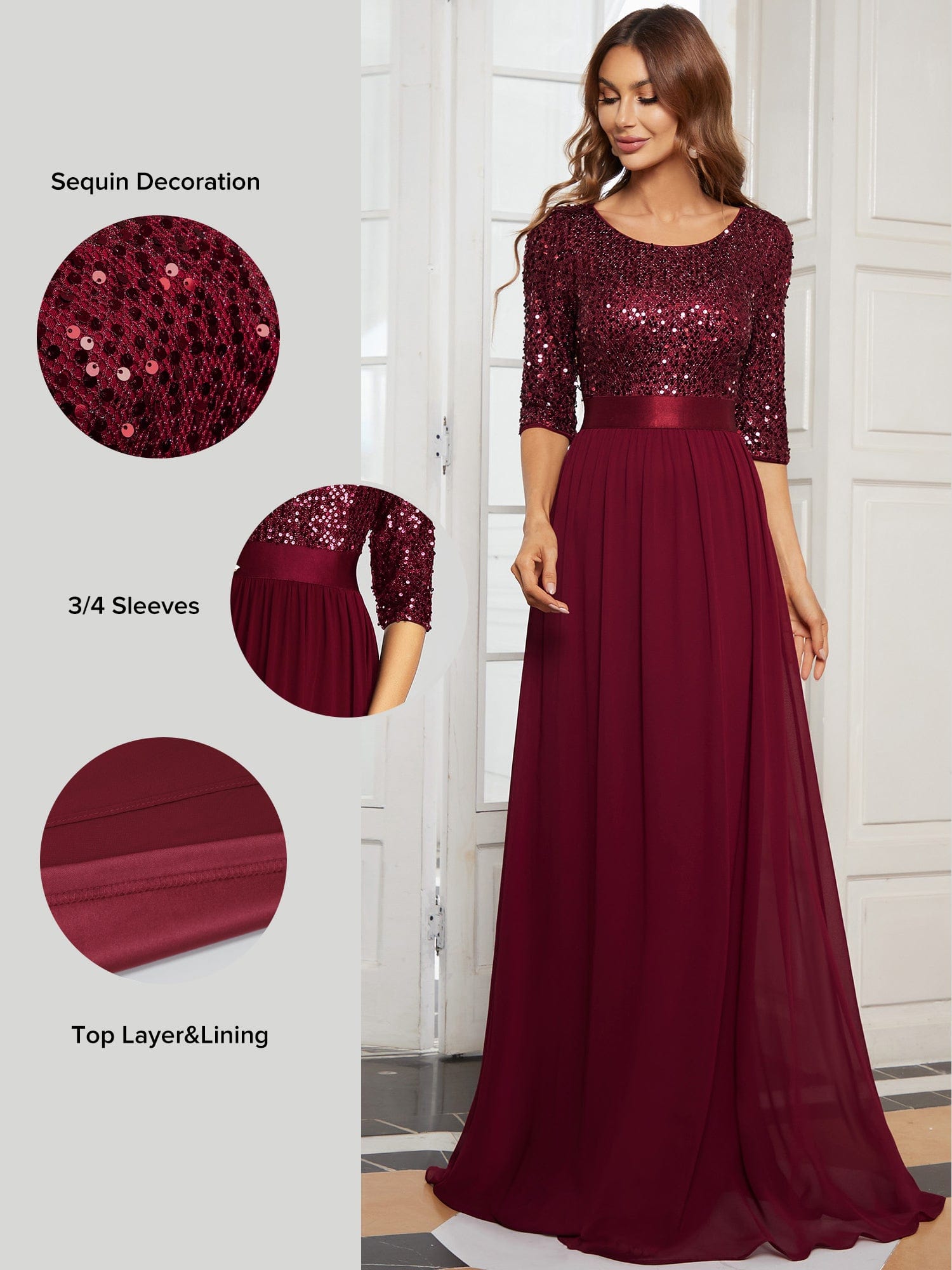 Elegant Round Neckline Long Sleeves Sequin Evening Dress #color_Burgundy 