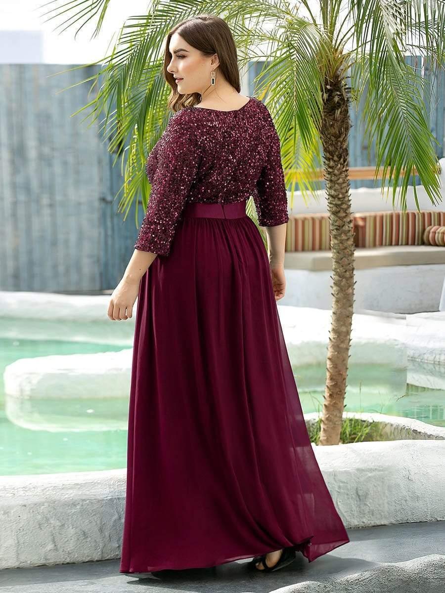Elegant Round Neckline Long Sleeves Sequin Evening Dress #color_Burgundy 