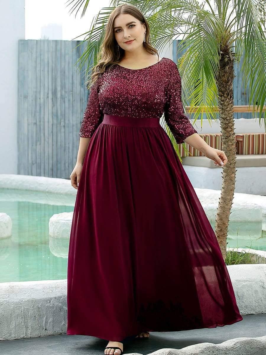 Women's Long Tulle & Sequin Evening Dresses for Mother of the Bride #color_Burgundy 