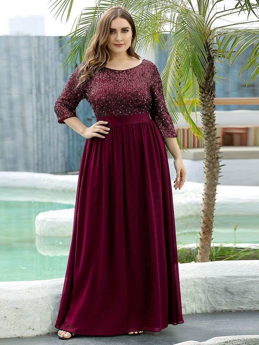 Elegant Round Neckline Long Sleeves Sequin Evening Dress #color_Burgundy 