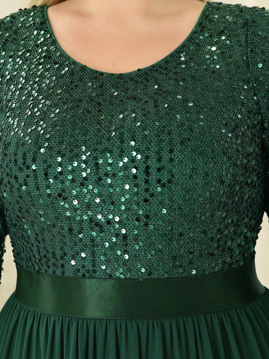 Elegant Round Neckline Long Sleeves Sequin Evening Dress #color_Dark Green 