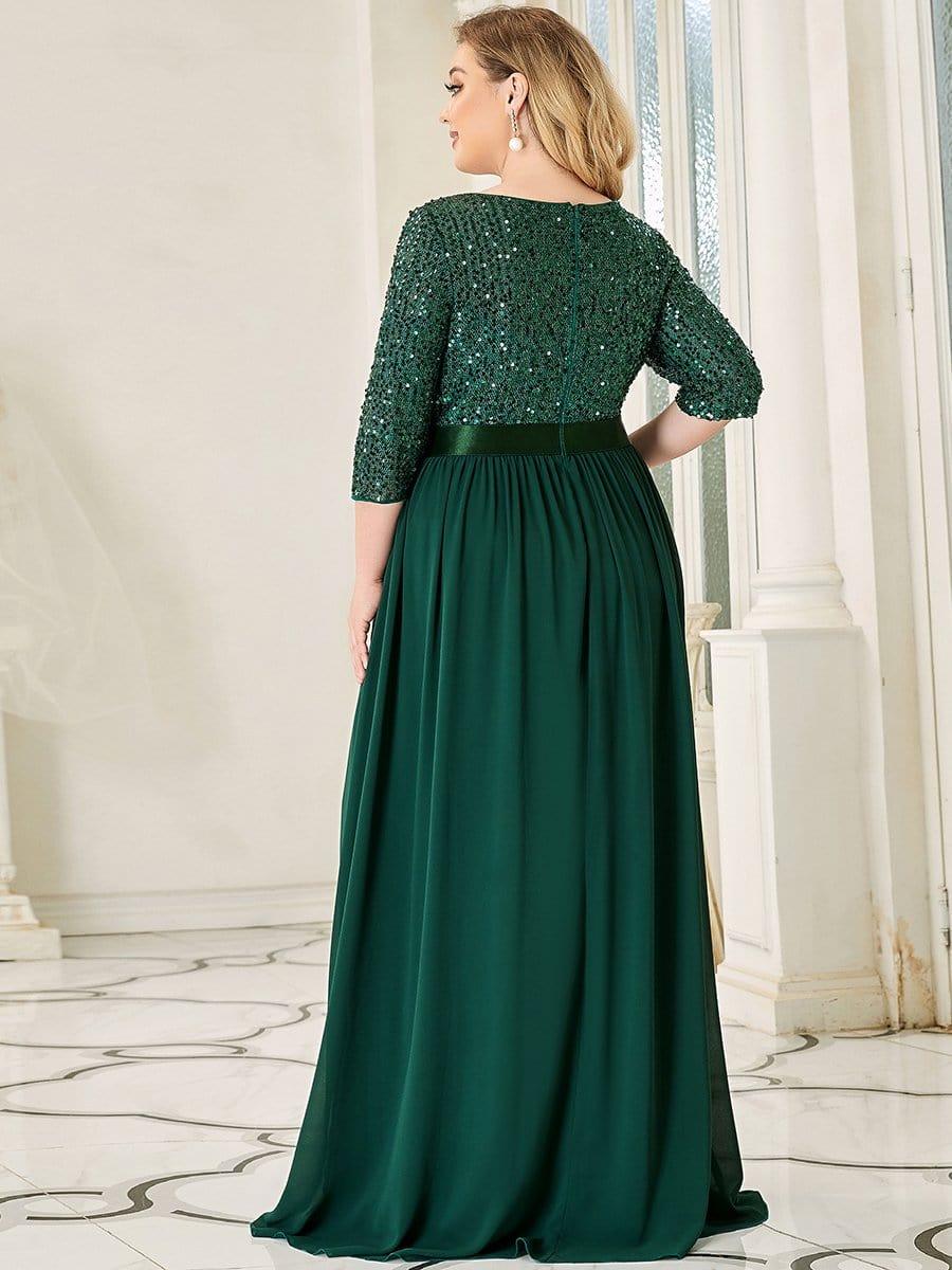 Elegant Round Neckline Long Sleeves Sequin Evening Dress #color_Dark Green 