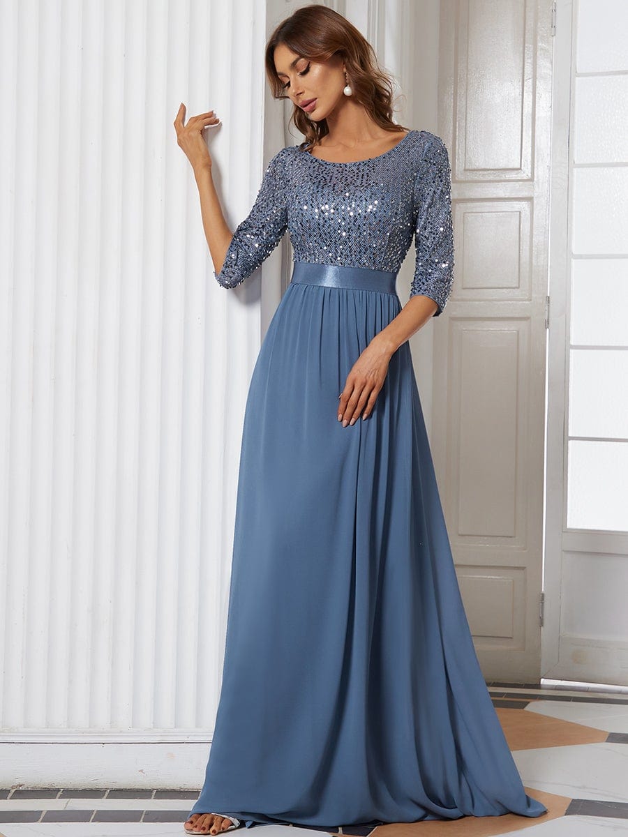 Elegant Round Neckline Long Sleeves Sequin Evening Dress #color_Dusty Navy 
