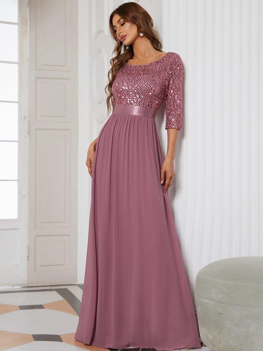 Elegant Round Neckline Long Sleeves Sequin Evening Dress #color_Purple Orchid 