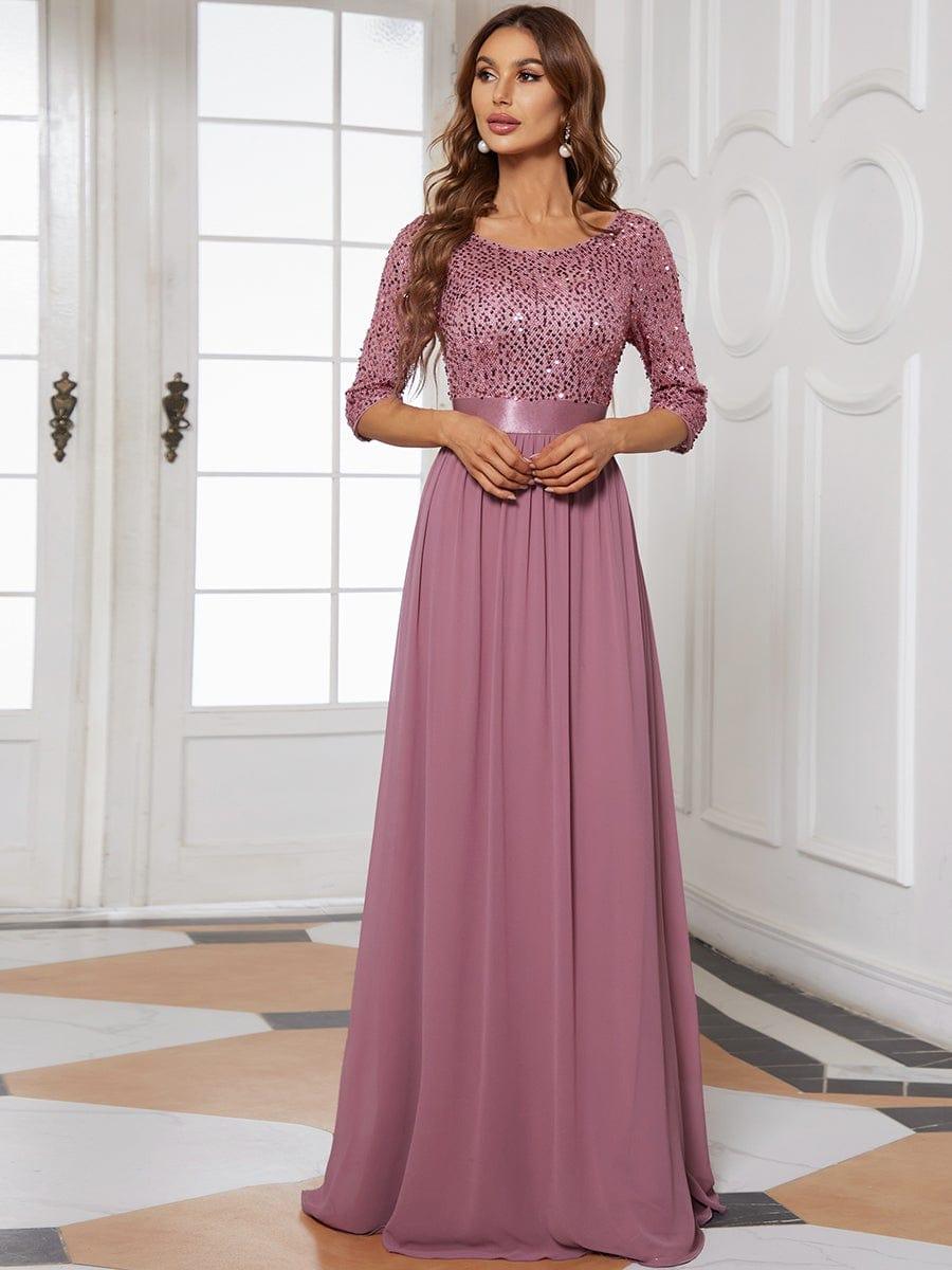 Elegant Round Neckline Long Sleeves Sequin Evening Dress #color_Purple Orchid 