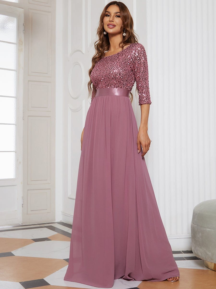 Elegant Round Neckline Long Sleeves Sequin Evening Dress #color_Purple Orchid 