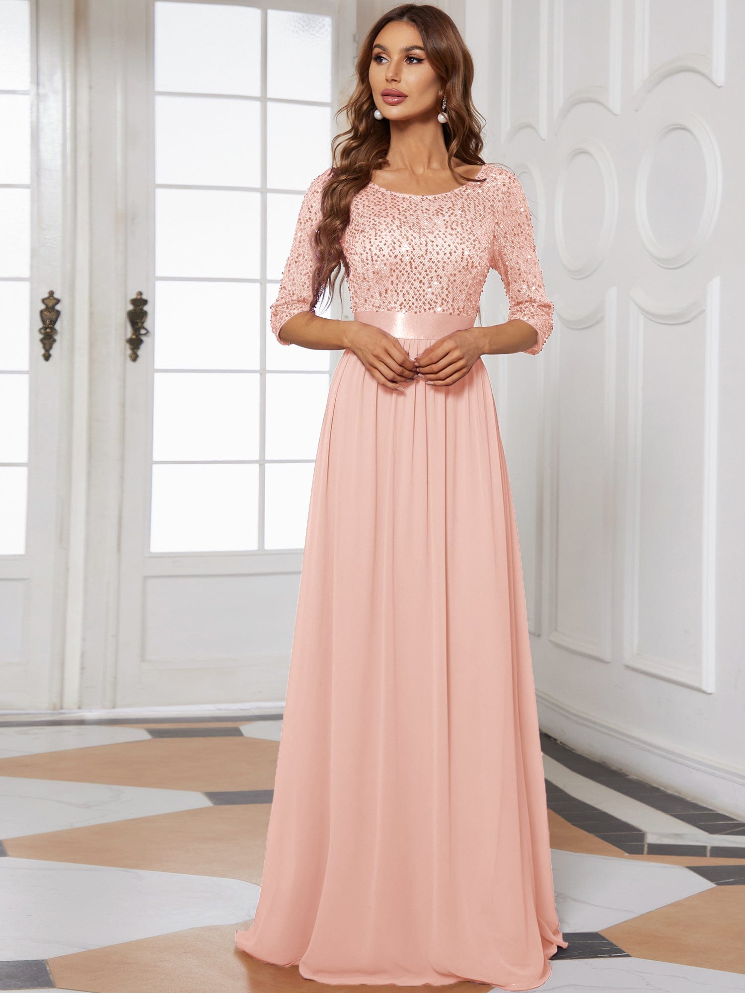 Custom Size Women's Long Tulle & Sequin Evening Dresses for Mother of the Bride #color_Pink