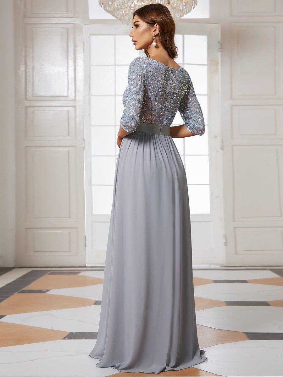 Elegant Round Neckline Long Sleeves Sequin Evening Dress #color_Silver 