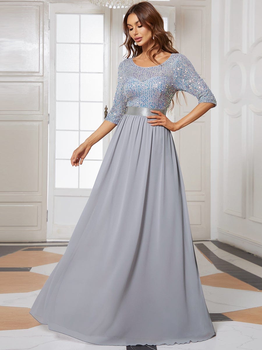 Elegant Round Neckline Long Sleeves Sequin Evening Dress #color_Silver 