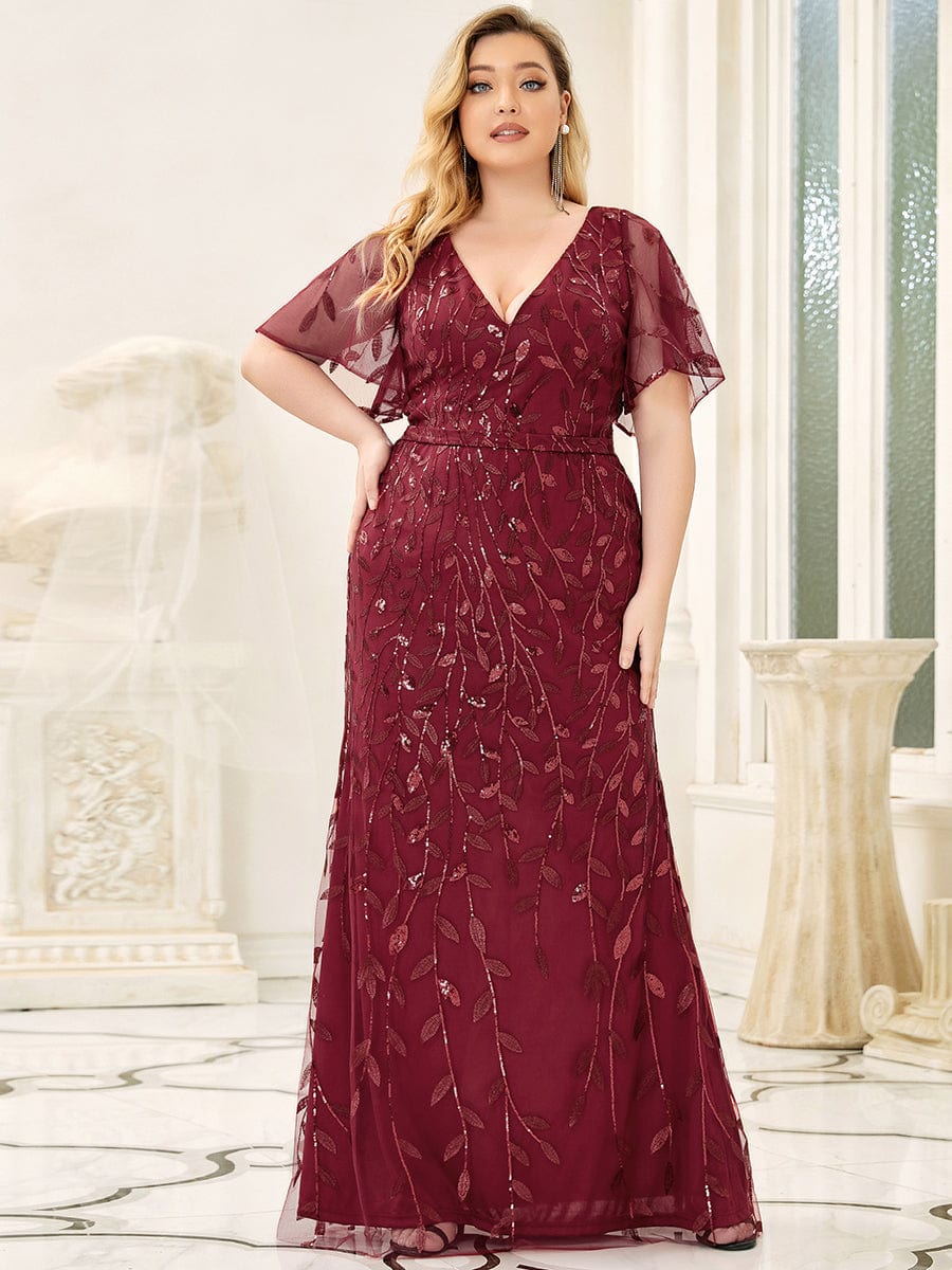 Custom Size Sparkly Embroidery Sequin V Neck Mermaid Evening Dress #color_Burgundy