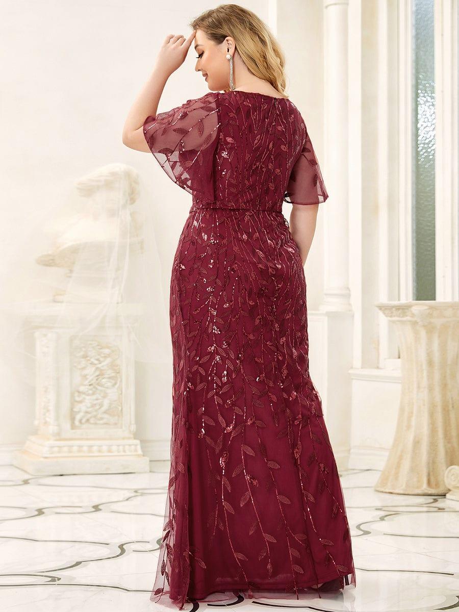 Custom Size Sparkly Embroidery Sequin V Neck Mermaid Evening Dress #color_Burgundy