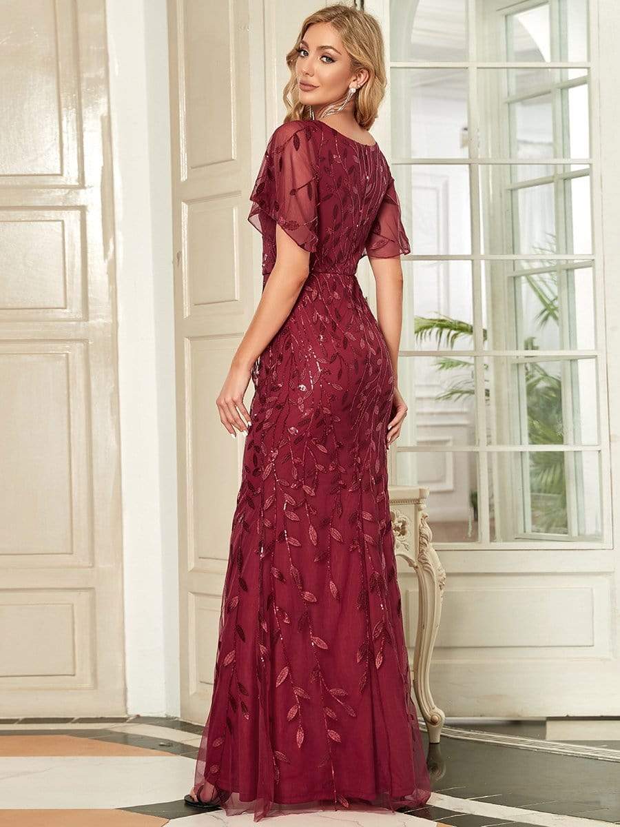 Shiny V Neck Leaf-Sequined Bodycon Formal Evening Dresses #color_Burgundy