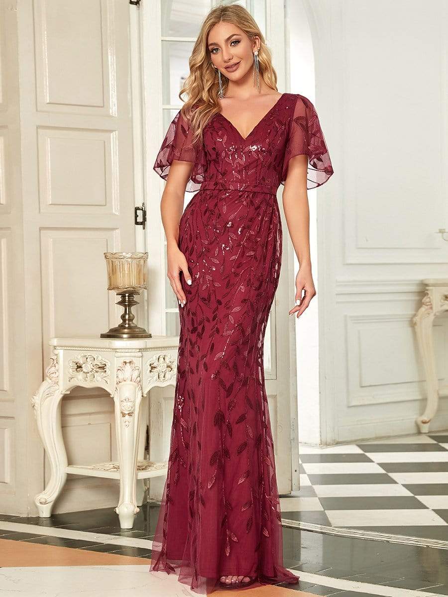 Shiny V Neck Leaf-Sequined Bodycon Formal Evening Dresses #color_Burgundy