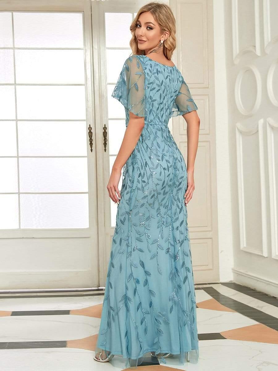 Shiny V Neck Leaf-Sequined Bodycon Formal Evening Dresses #color_Light Teal