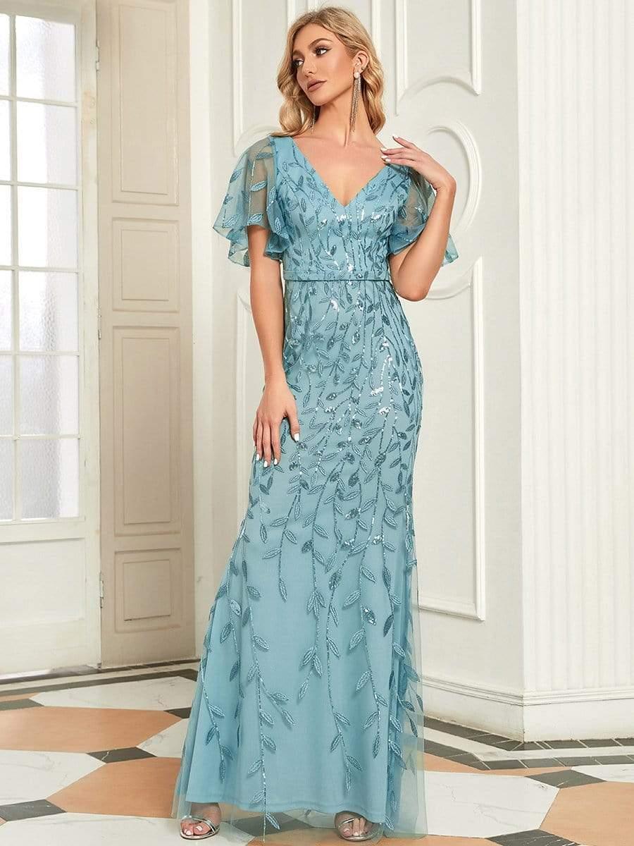 Shiny V Neck Leaf-Sequined Bodycon Formal Evening Dresses #color_Light Teal