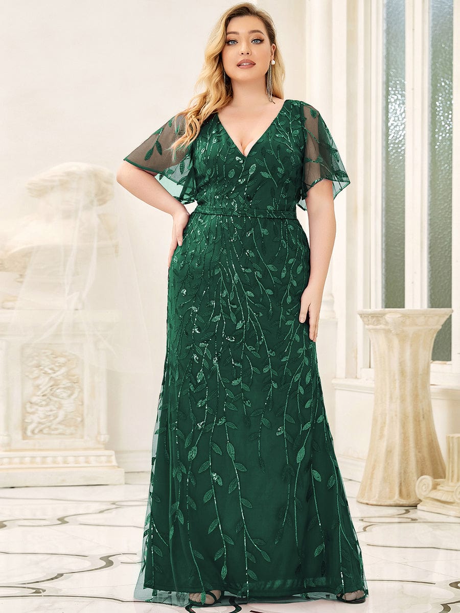 Custom Size Sparkly Embroidery Sequin V Neck Mermaid Evening Dress #color_Dark Green