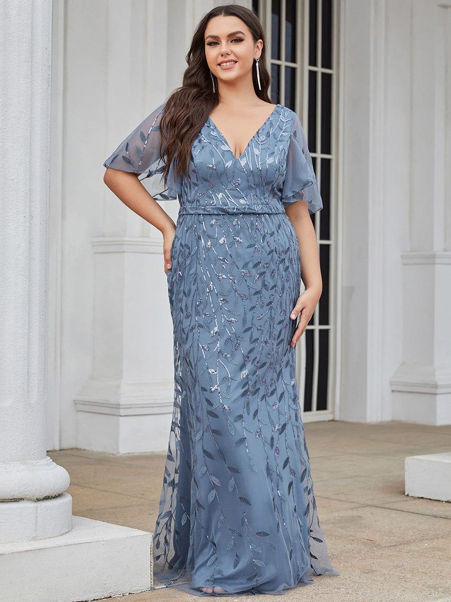 Custom Size Sparkly Embroidery Sequin V Neck Mermaid Evening Dress #color_Dusty Blue