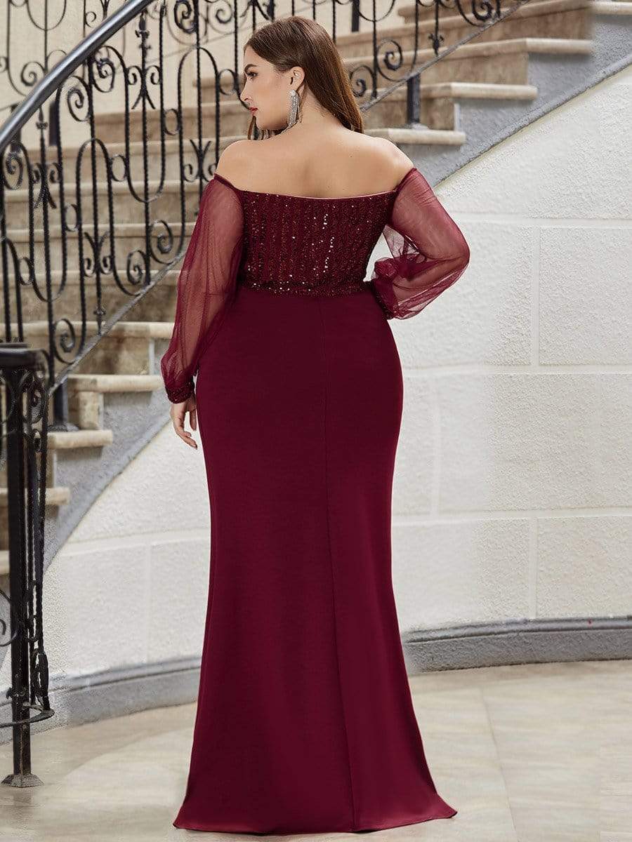 Plus Size Off-Shoulder Long Sleeve Sequin Formal Dresses