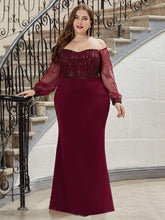 Plus Size Off-Shoulder Long Sleeve Sequin Formal Dresses #color_Burgundy 