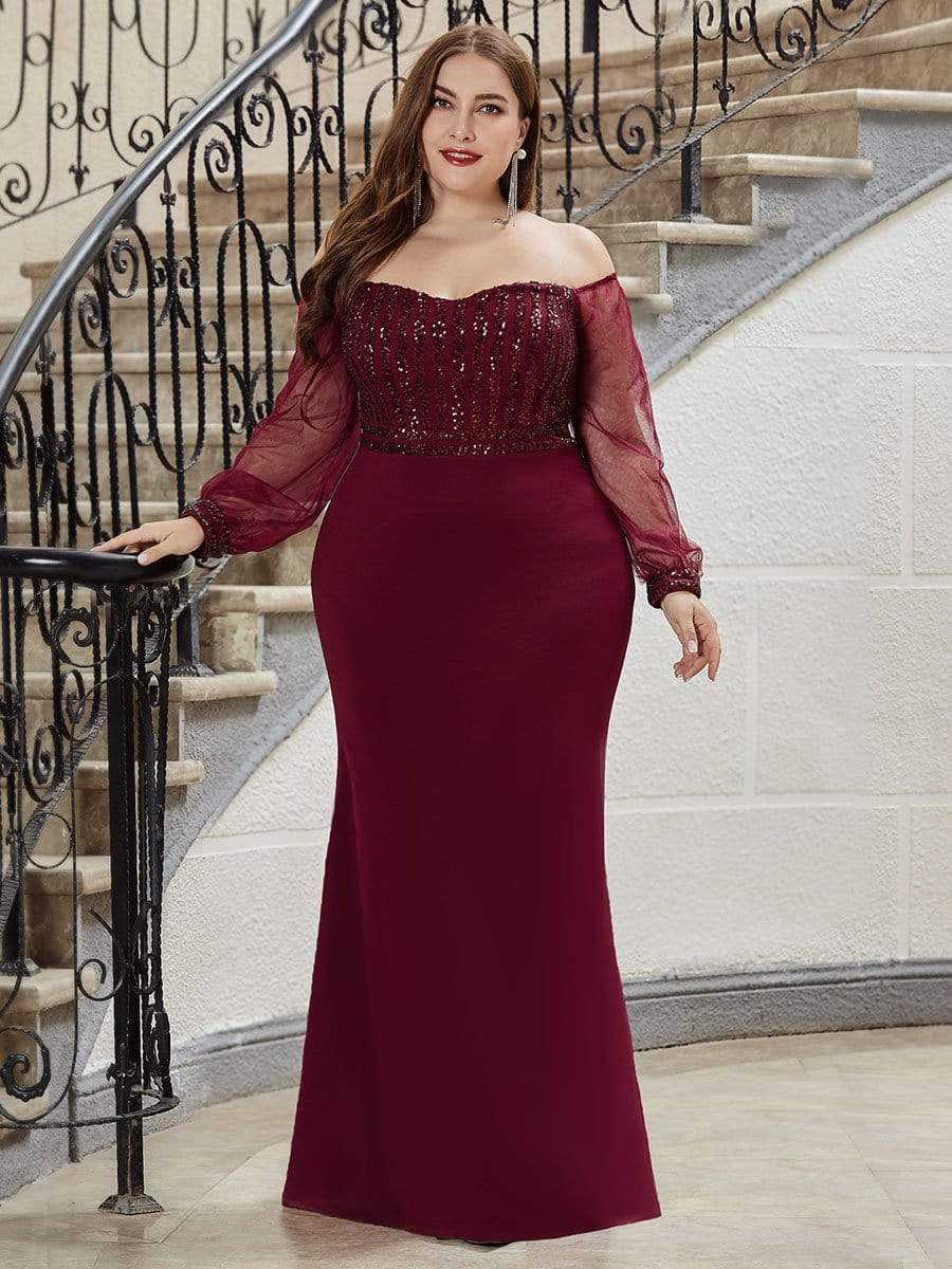 Plus Size Off-Shoulder Long Sleeve Sequin Formal Dresses