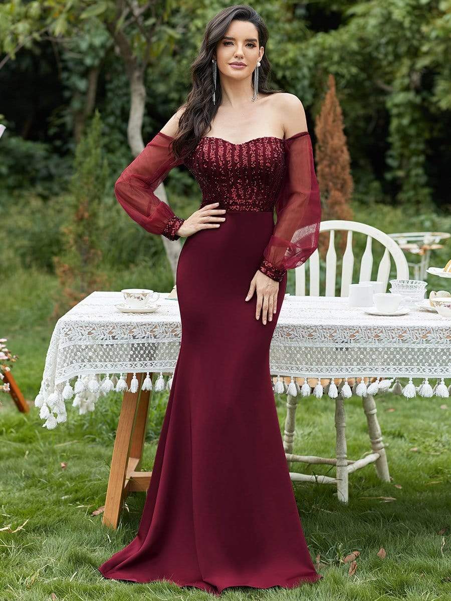Fashion Off the Shoulder Sequin Evening Gowns With Tulle Sleeve #color_Burgundy 