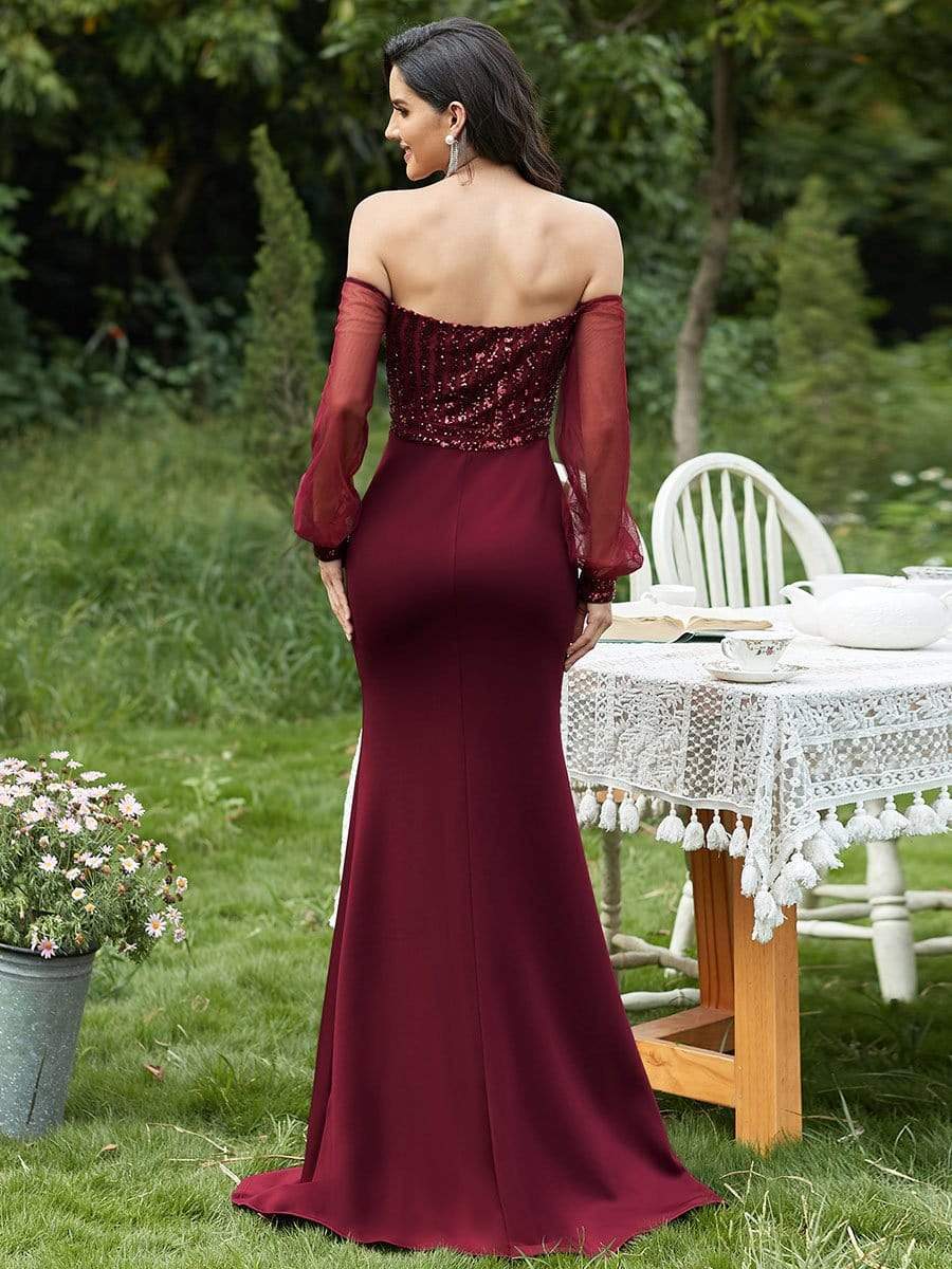Fashion Off the Shoulder Sequin Evening Gowns With Tulle Sleeve #color_Burgundy 