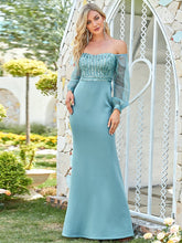 Fashion Off the Shoulder Sequin Evening Gowns With Tulle Sleeve #color_Dusty Blue 