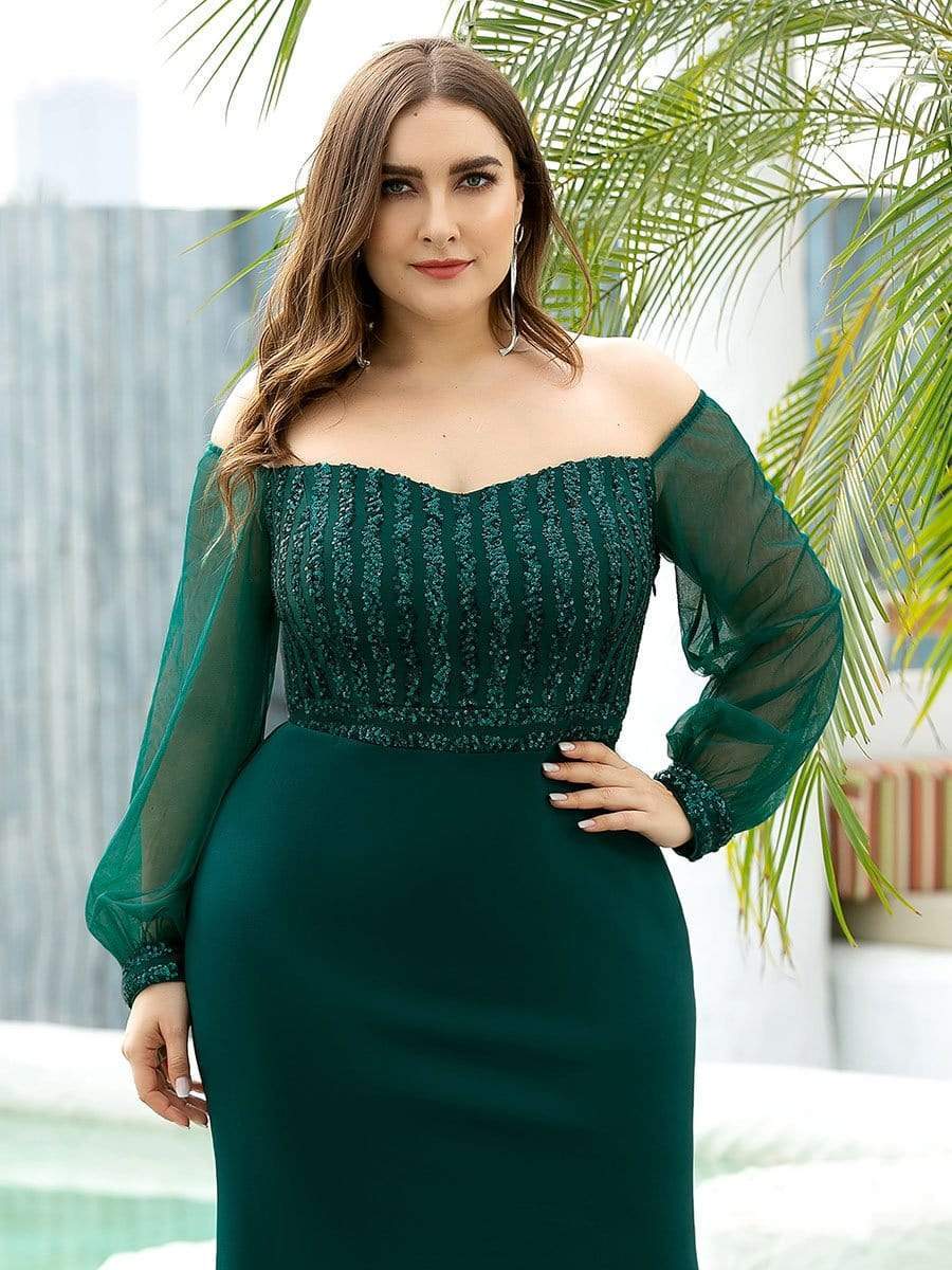 Plus Size Off-Shoulder Long Sleeve Sequin Formal Dresses #color_Dark Green 