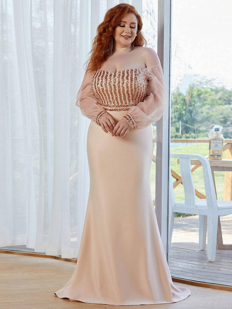 Plus Size Off-Shoulder Long Sleeve Sequin Formal Dresses