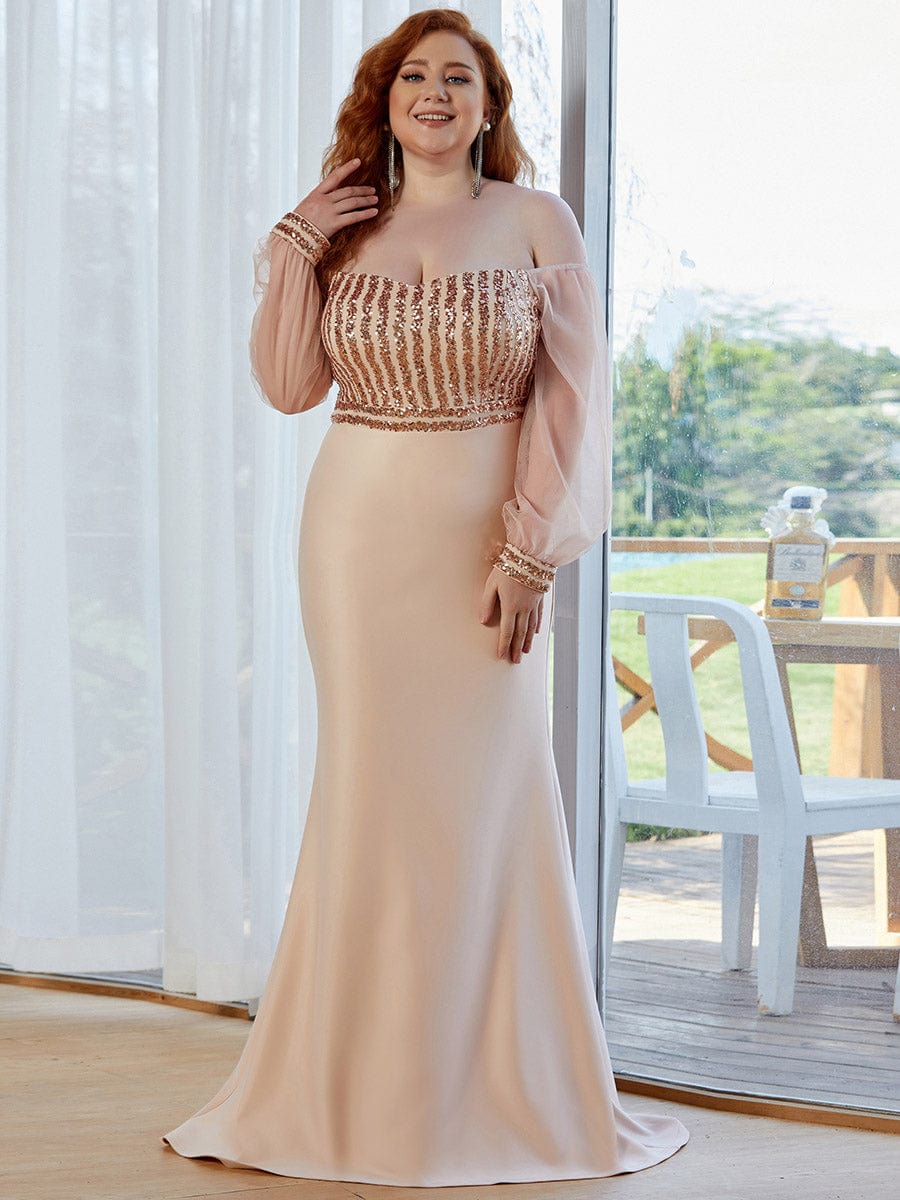 Plus Size Off-Shoulder Long Sleeve Sequin Formal Dresses #color_Rose Gold