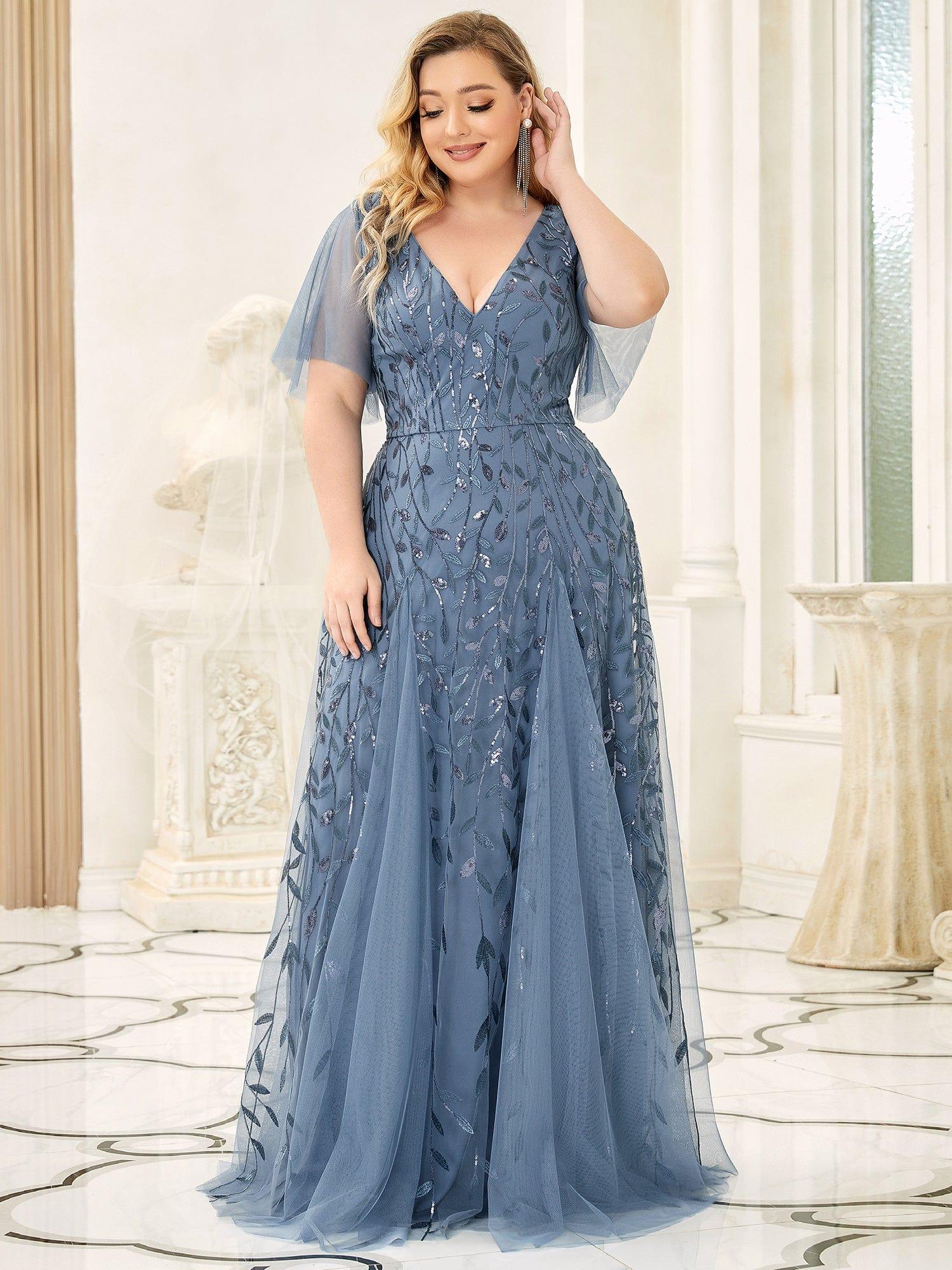 Custom Size V Neck Ruffle Sleeves Sequin Maxi Evening Dress #color_Dusty Blue