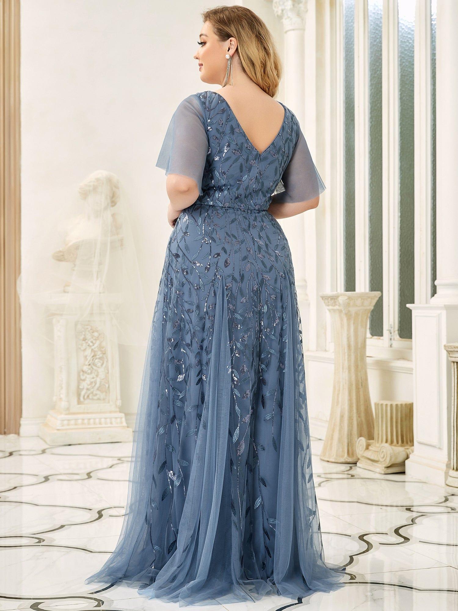 Custom Size V Neck Ruffle Sleeves Sequin Maxi Evening Dress #color_Dusty Blue