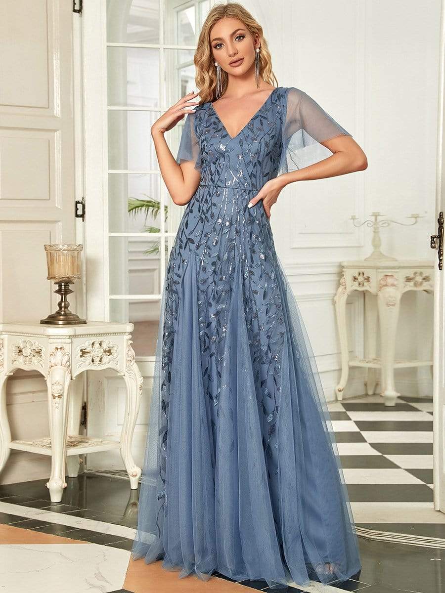 Shimmery V Neck Ruffle Sleeves Sequin Maxi Long Evening Dress #color_Dusty Navy 