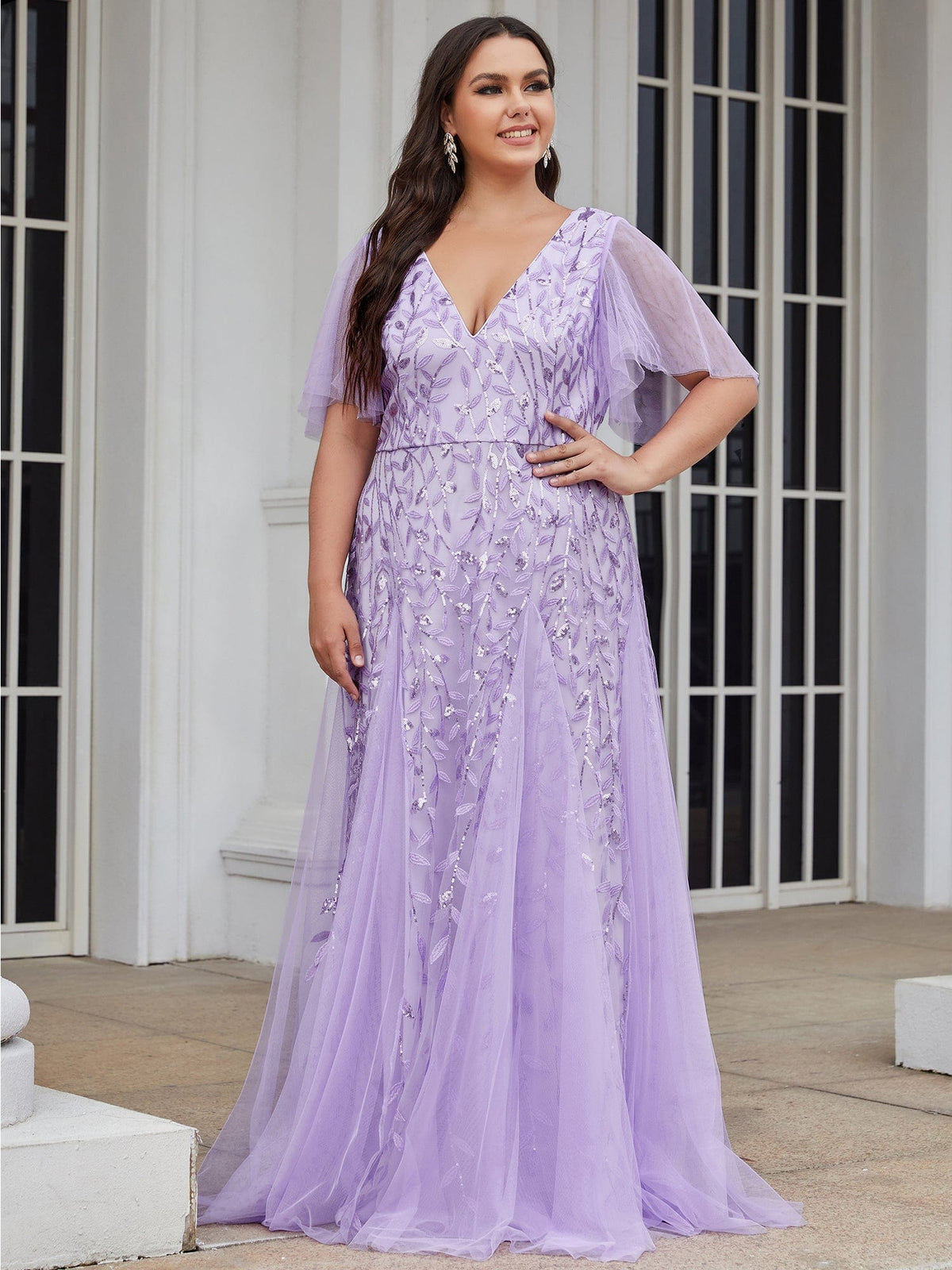 Custom Size V Neck Ruffle Sleeves Sequin Maxi Evening Dress #color_Lavender