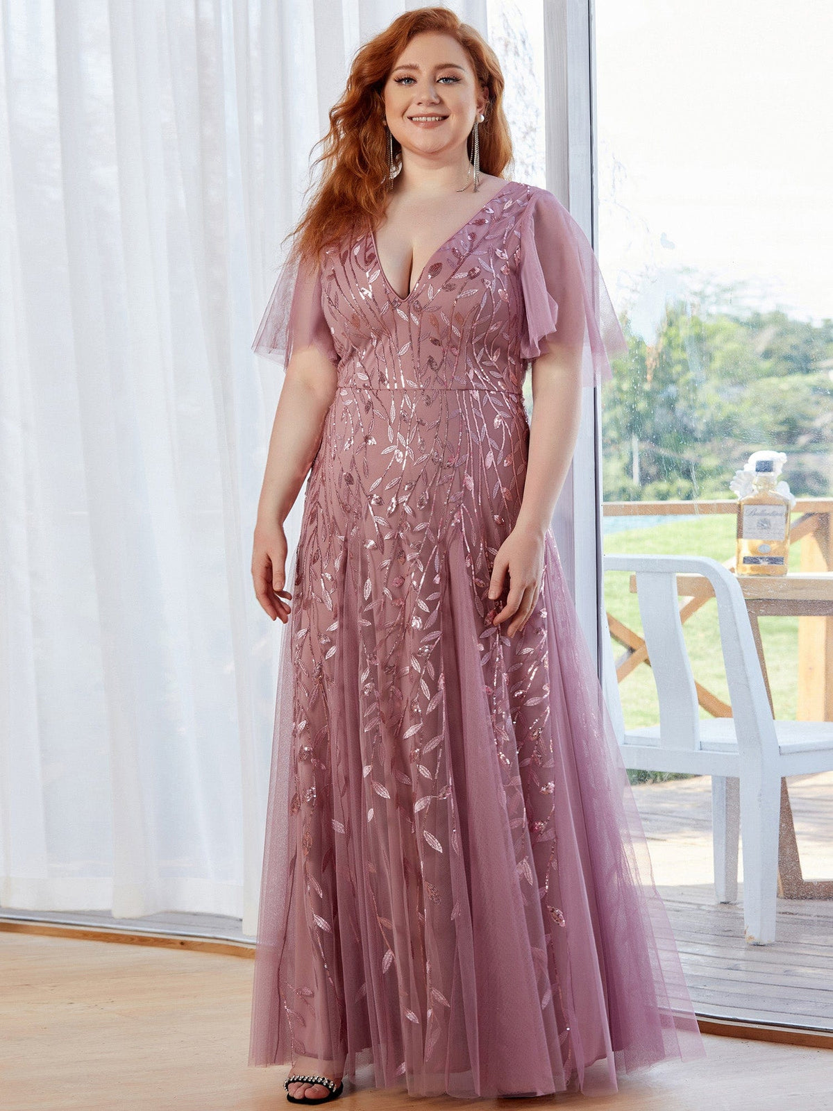 Custom Size V Neck Ruffle Sleeves Sequin Maxi Evening Dress #color_Purple Orchid